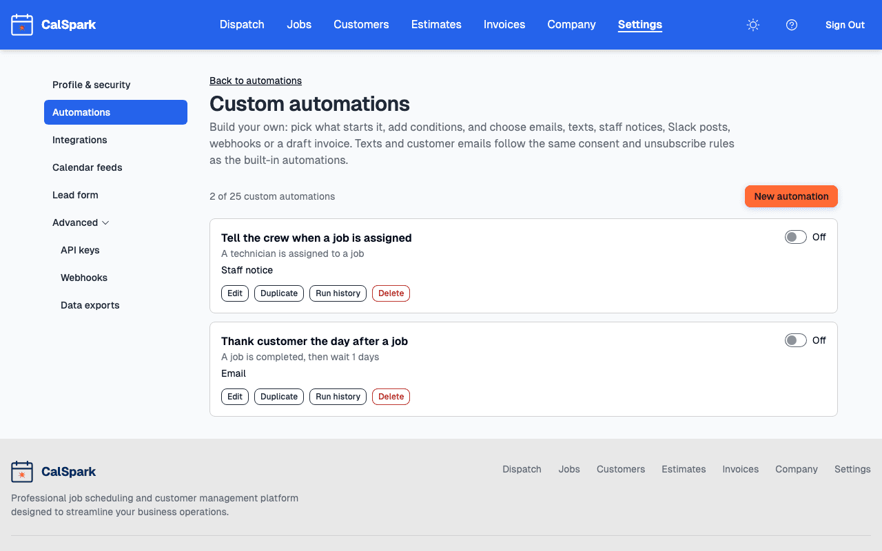 CalSpark custom automation builder with a trigger, conditions and actions
