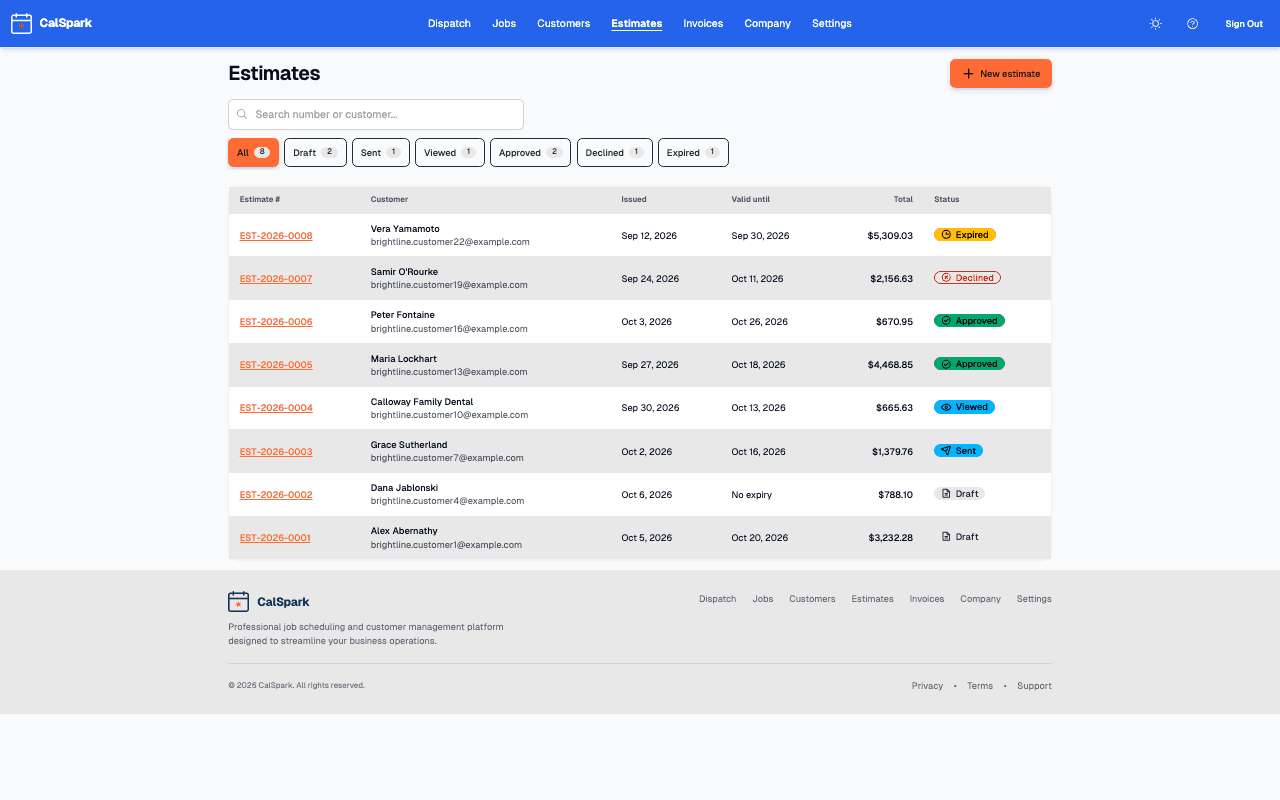 CalSpark estimate with line items, a total and a Send button