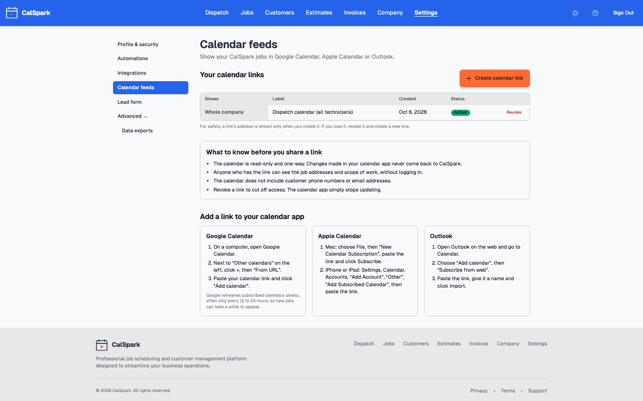 CalSpark Settings, Calendar feeds page with a list of calendar links