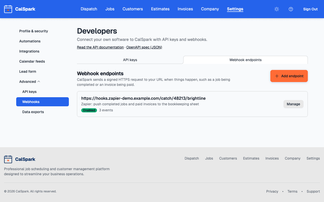 CalSpark Settings, Developers page with a webhook endpoint and its delivery log