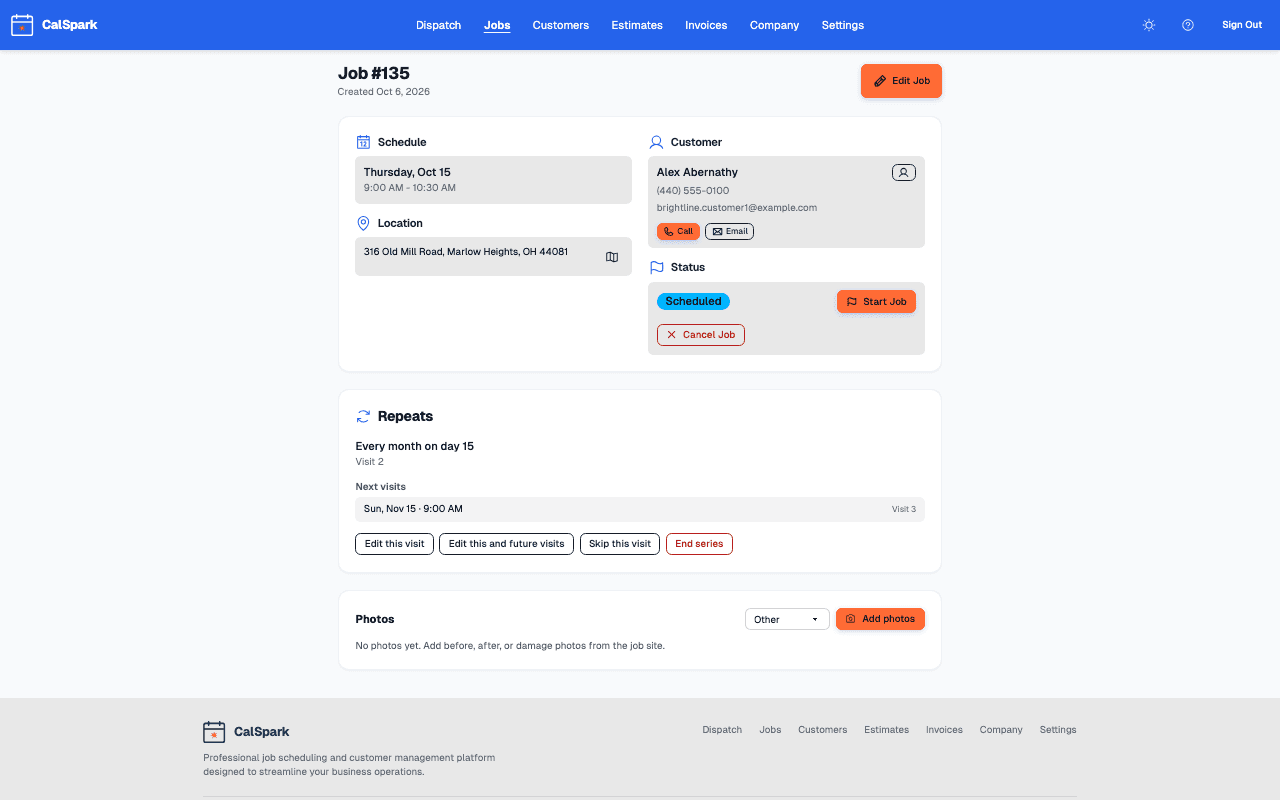 CalSpark job detail page with the Repeats card for a recurring job